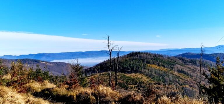 Widok na Beskidy w słoneczny dzien